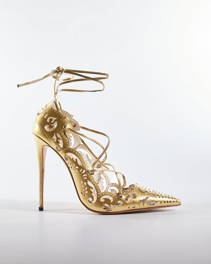 Ariya Cutout Pattern Lace Up Pumps In Gold