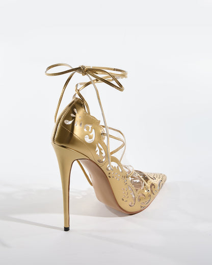 Ariya Cutout Pattern Lace Up Pumps In Gold