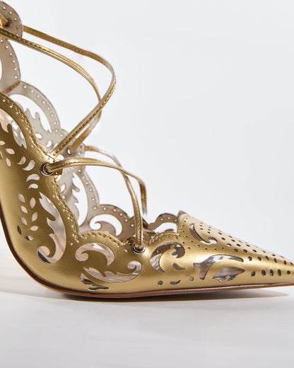 Ariya Cutout Pattern Lace Up Pumps In Gold
