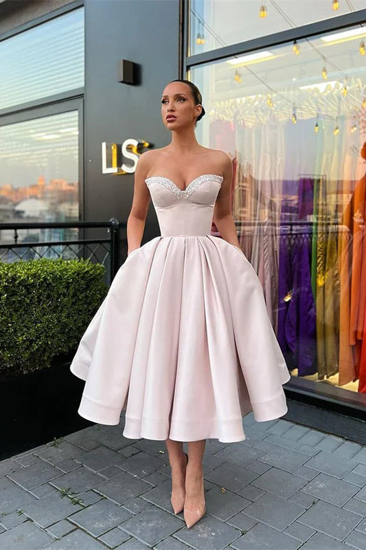 Retro Light Pink Sweetheart Strapless Design A-line Satin Party Dress Homecoming Dress TP4052