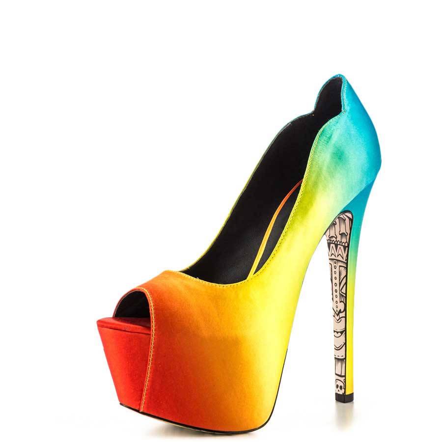 Women's Multicolor Satin Peep Toe Platform Pumps with Printed Outsole