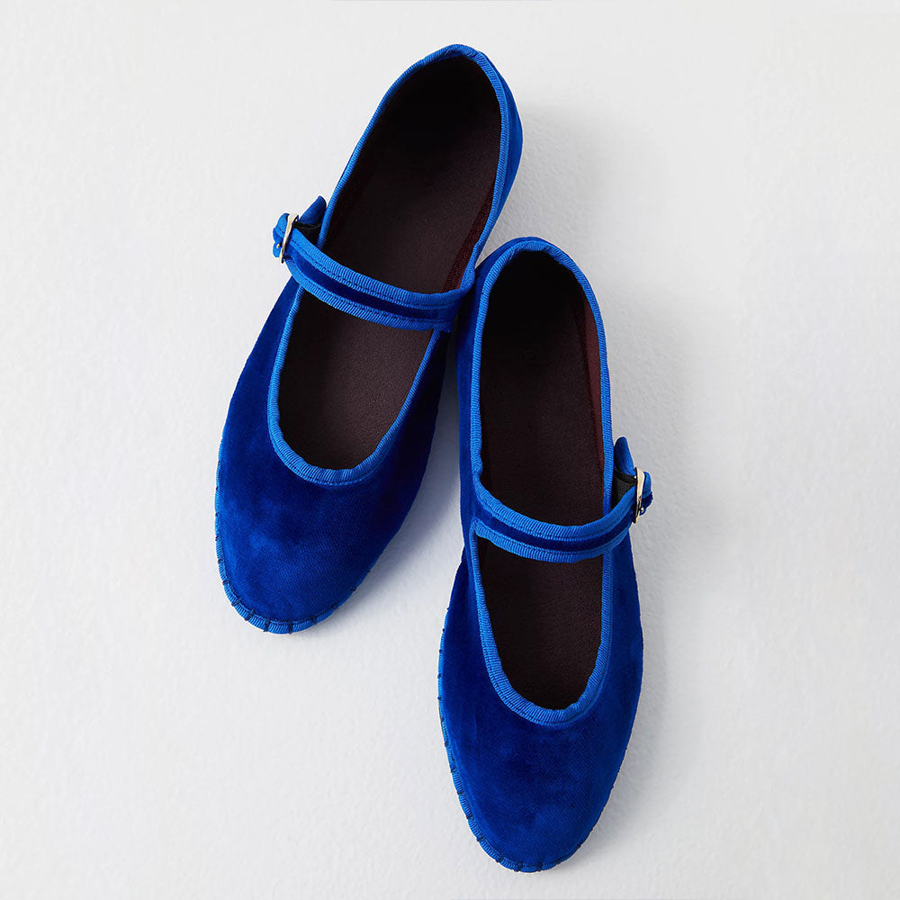Blue Velvet Round Toe Buckle Strap Mary Jane Flats