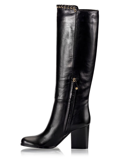 Black Round Toe Chunky Heel Knee High Boots with Studs