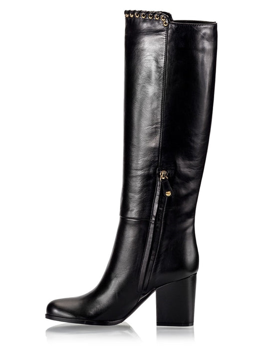 Black Round Toe Chunky Heel Knee High Boots with Studs