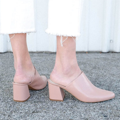 Women's Blush Block Heel Almond Toe Mules Shoes