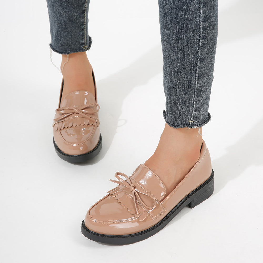 Beige Patent Leather Closed Toe Chunky Heel Formal Loafers