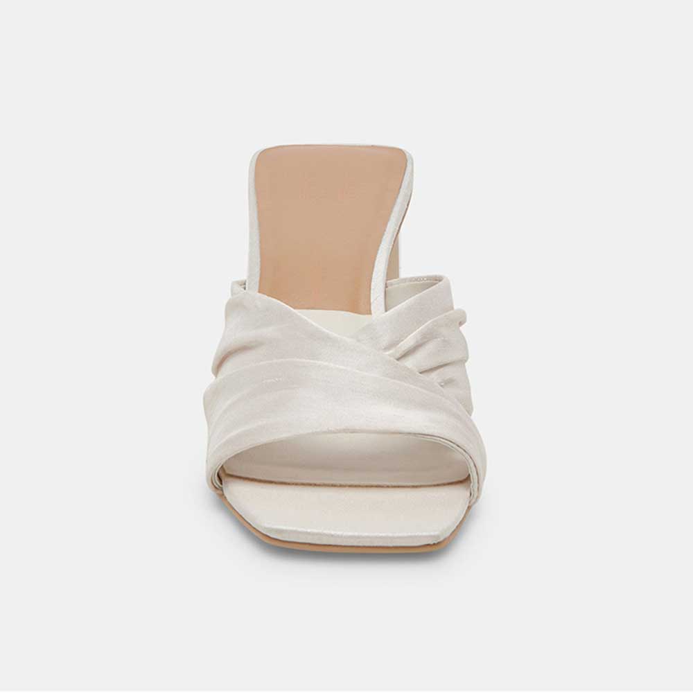 White Satin Square Toe Block Heel Ruched Mule Sandals for Wedding