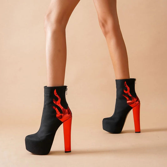 Black & Red Round Toe Ankle Boots Chunky Heel Halloween Shoes