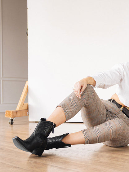 Black Snip Toe Embroidered Cowgirl Ankle Boots with Block Heel