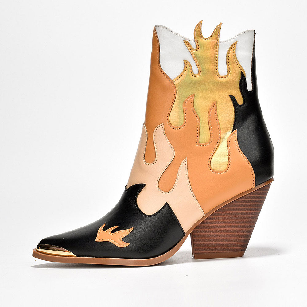 Black Metal Pointed Toe Flame Booties Stacked Heel Ankle Boots