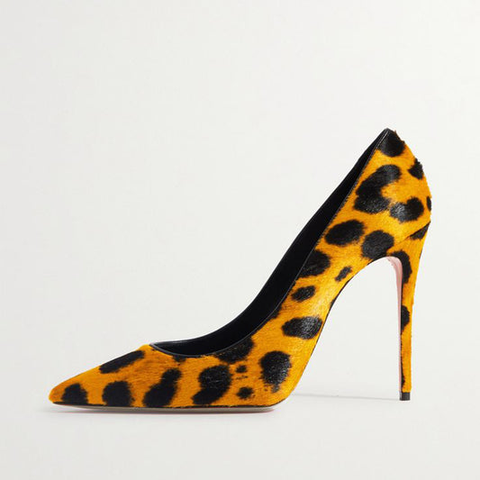 Yellow Leopard Print Heels Stylish Pointy Toe Pumps for Women