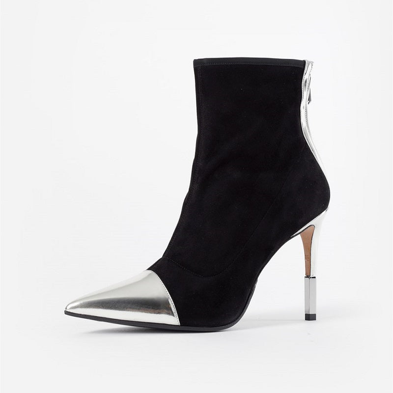 Black and Silver Pointed Toe Sculptural Heel Ankle Boots with Zip