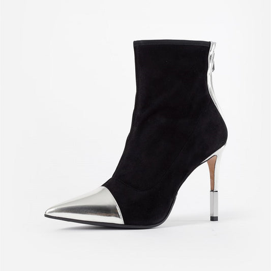 Black and Silver Pointed Toe Sculptural Heel Ankle Boots with Zip