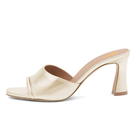 Women's Classic Gold Metallic Finish Open Square Toe Mule Heels