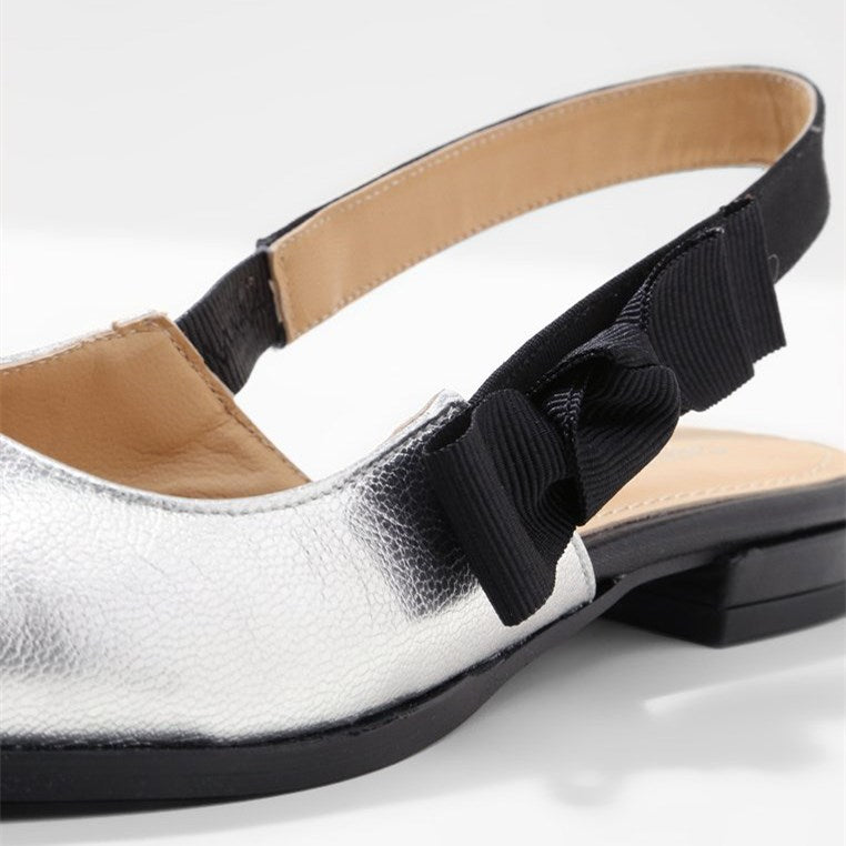 Silver Bow Slingback Shoes Pointy Toe Comfortable Flats