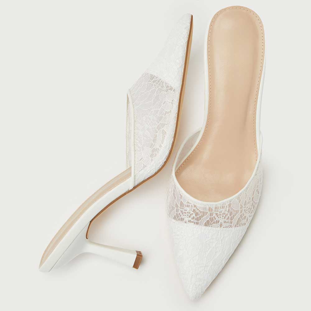 White Vegan Leather Pointed Toe 3'' Kitten Heel Rhinestone Mules