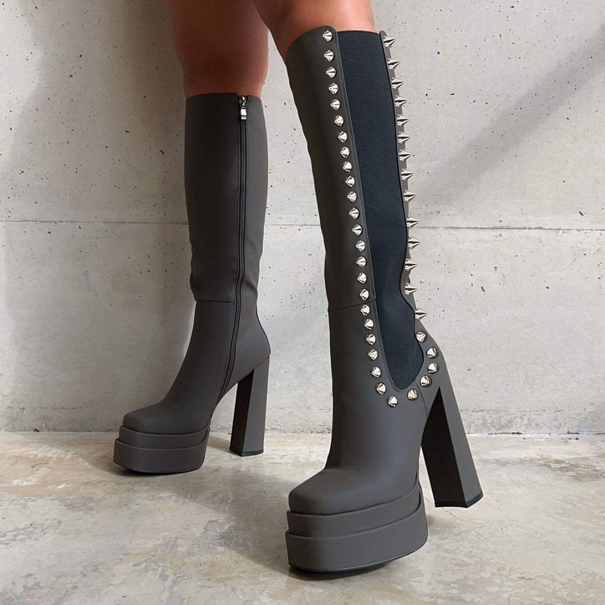 Gray Square Toe Boots Chunky Heel Studded Platform Boots