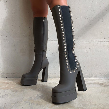 Gray Square Toe Boots Chunky Heel Studded Platform Boots