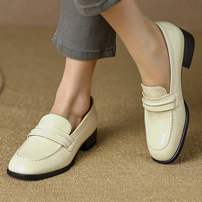 White Patent Leather Closed Toe Chunky Heel Formal Loafers
