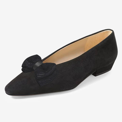 Black Pointed Toe Suede Flats With Bow Decor Chunky Low Heel