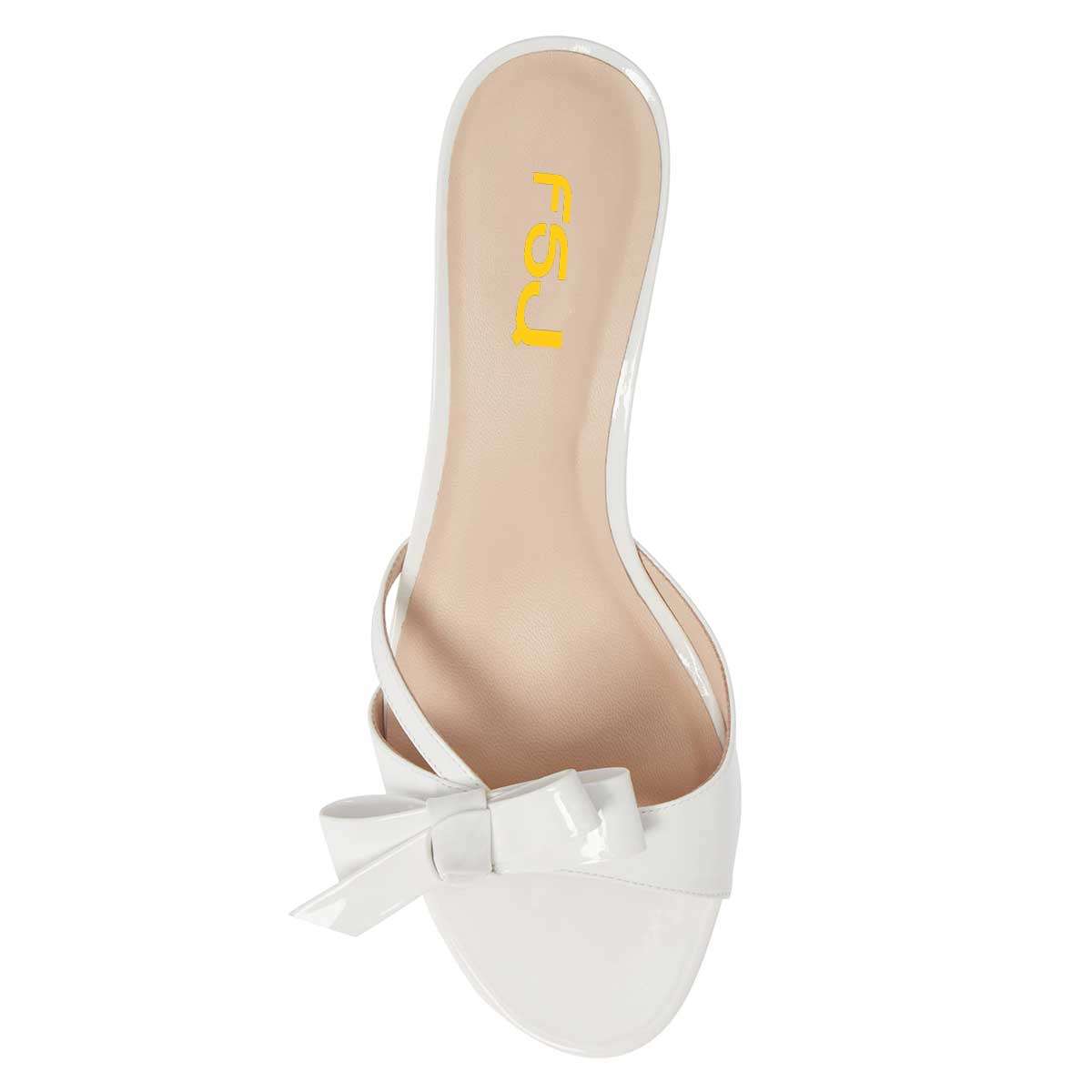 White Patent Leather Bow Kitten Heels Mules Sandals