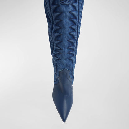 Blue Denim Pointed Toe Stitch Detailing Chunky Heel Knee High Boots