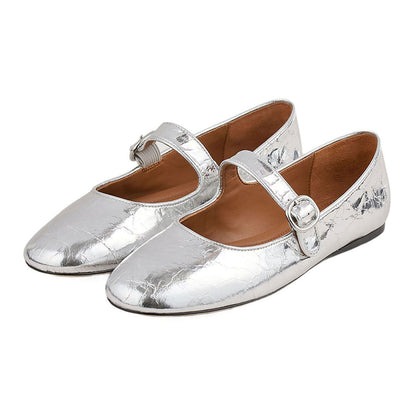 Silver Metallic Finish Round Toe Buckle Strap Mary Jane Flats