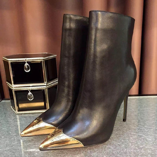 Black and Gold Wingtip Design Pointy Toe Stiletto Heel Ankle Boots