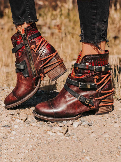 Brown Distressed Vegan Leather Round Toe Buckled Strappy Black Lacing Side-Zipper Ankle Boots With Chunky Heels
