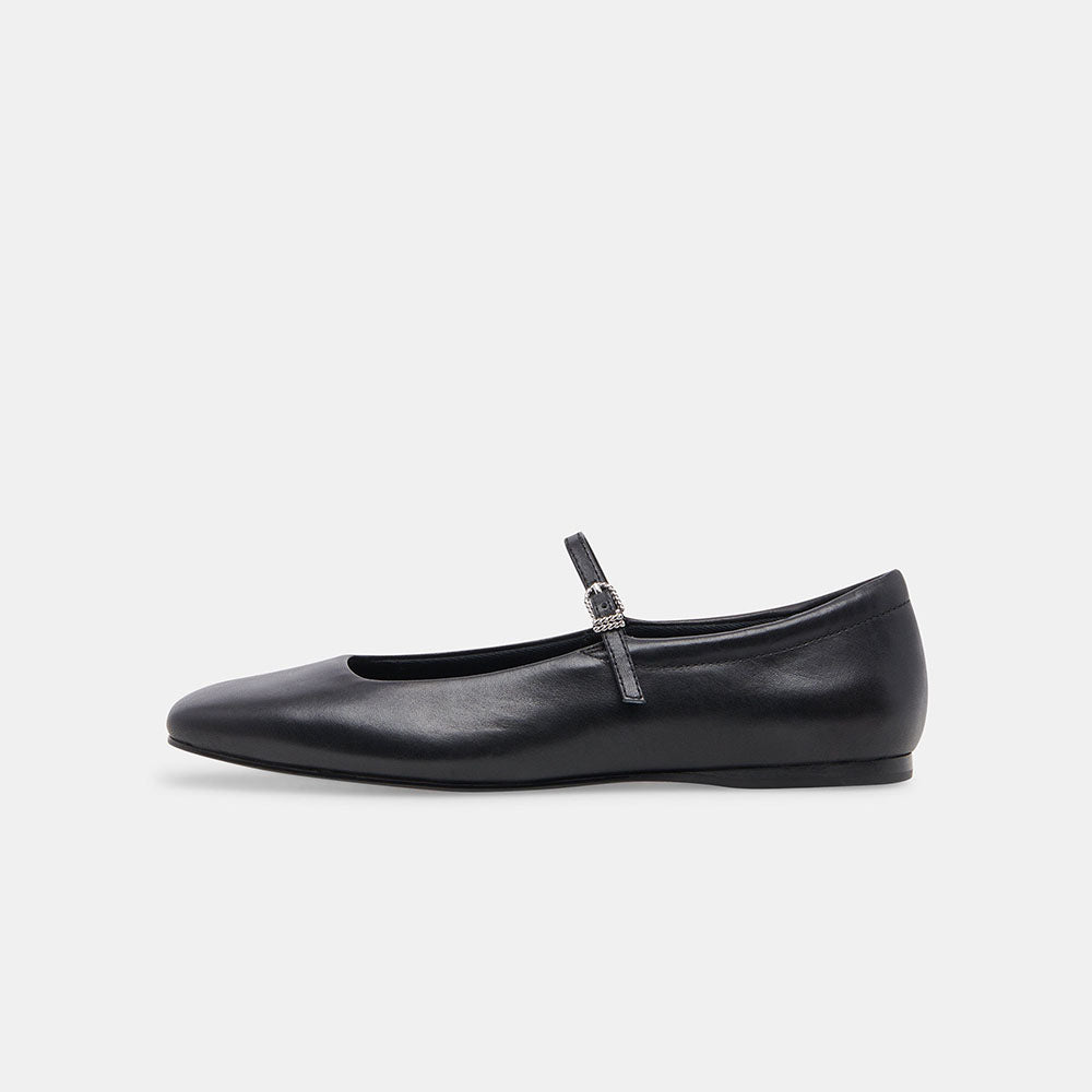 Black Vegan Leather Square Toe Buckled Mary Jane Ballet Flats