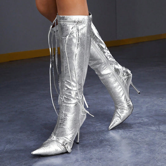 Silver Vegan Leather Closed Toe 4__ Stiletto Heel Knee High Boots