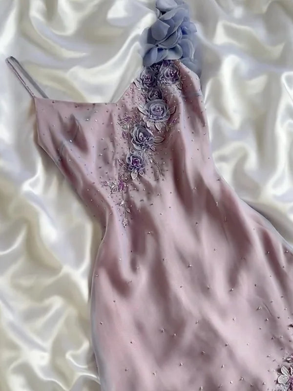 Enchanting Applique Shiny Beaded Prom Dress Sheath Spaghetti Strap Evening Dress Irregular Hem Formal Dress TP4694