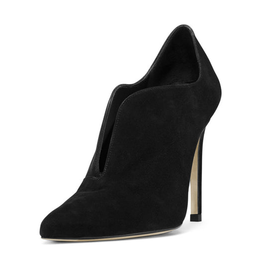 Black Stiletto Heels Vegan Suede Pointed Toe Ankle Boots