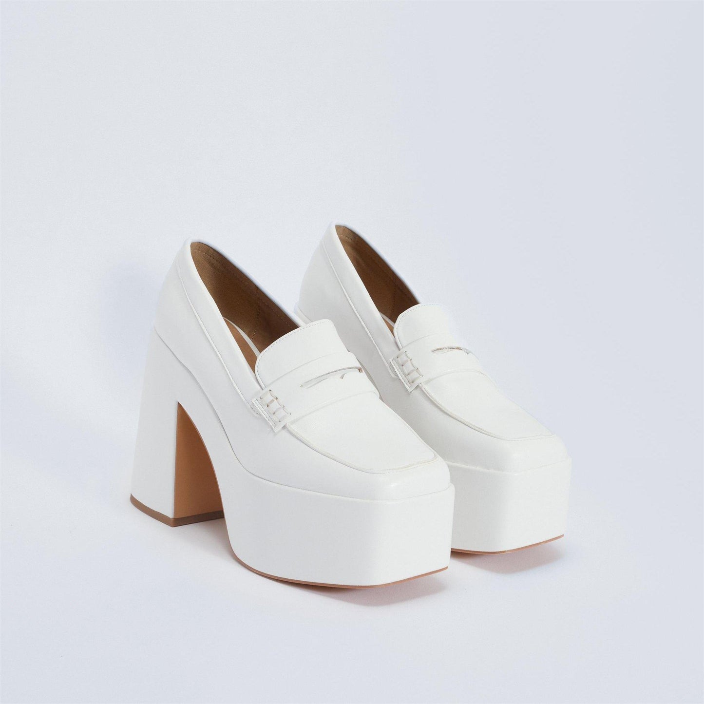 White Square Toe Chunky Heel Slip-On Platform Loafers