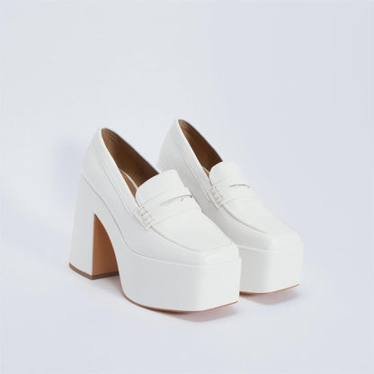 White Square Toe Chunky Heel Slip-On Platform Loafers