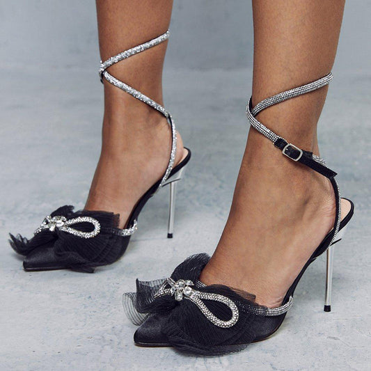 Women's Pointed Toe Rhinestone Black Strappy Heels with Bow