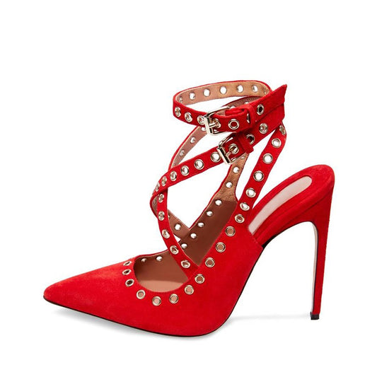 Women's Grommets Embellished Pointed Toe Pumps Heels in Red