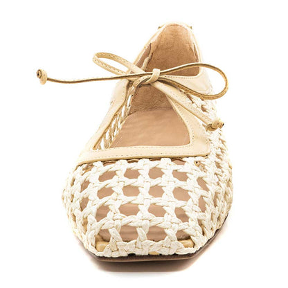 Elegant Beige Raffia Square Toe Slip-On Ballet Flats with Strappy