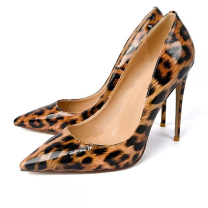 Women's Leopard Print Stiletto Heels Patent Leather Pointed Toe Pumps
