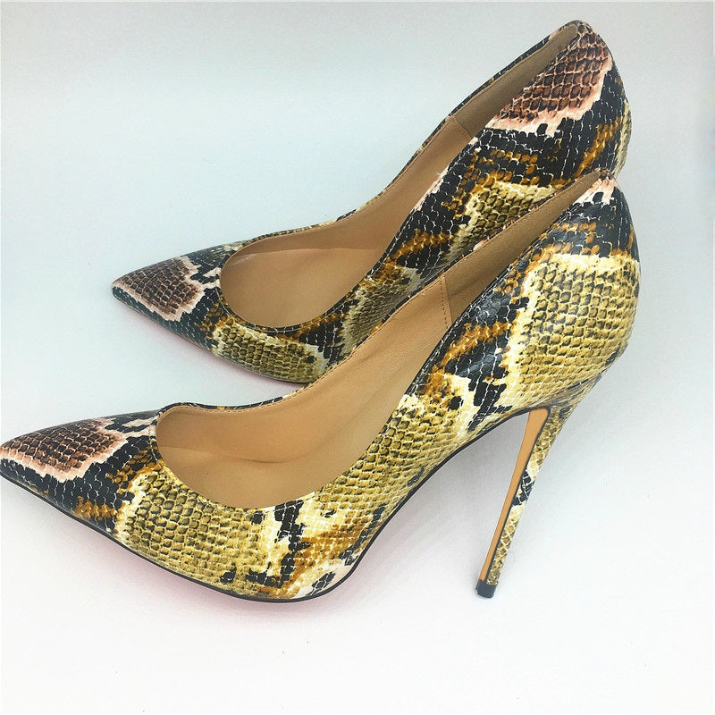Women's Yellow Stiletto Heels Pointy Toe Python Pumps