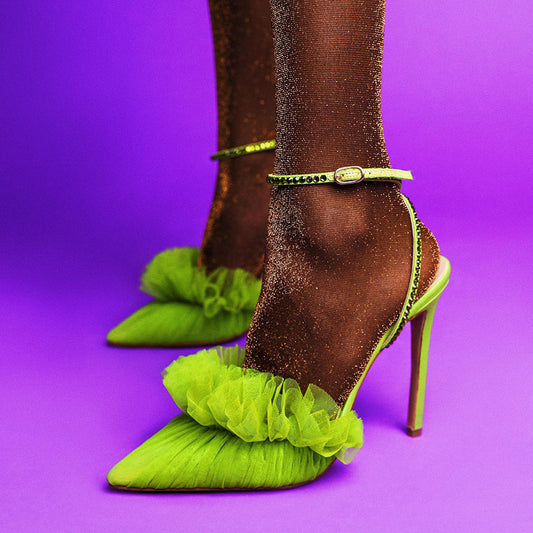 Elegant Green Pleated Tulle Pointed Toe Rhinestone Ankle Strap Heels