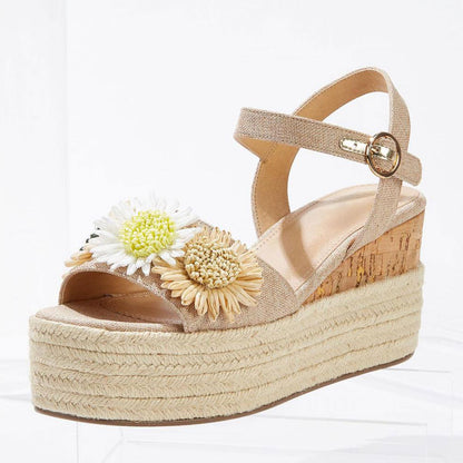 Nude Straw Flower Woven Platform Wedge Sandals with Ankle Strap