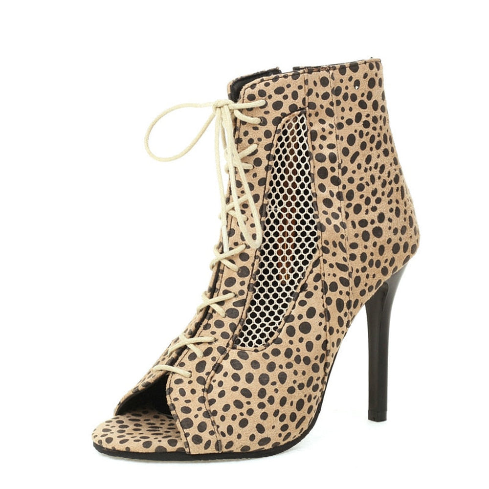 Beige Leopard Print Peep Toe 3'' Stiletto Heel Lace Up Ankle Boots