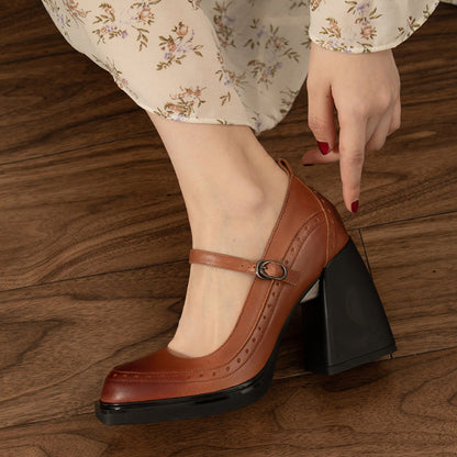 Brown Vegan Leather Closed Toe 4'' Chunky Heel Platform Loafers