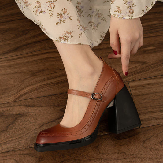 Brown Vegan Leather Closed Toe 4'' Chunky Heel Platform Loafers