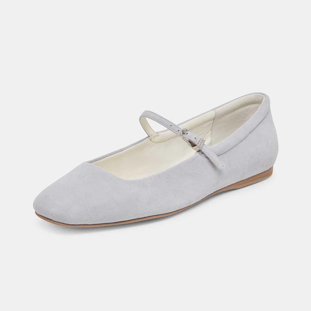FSJ Gray Vegan Suede Square Toe Casual Flats with Buckle Strap