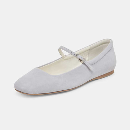 FSJ Gray Vegan Suede Square Toe Casual Flats with Buckle Strap