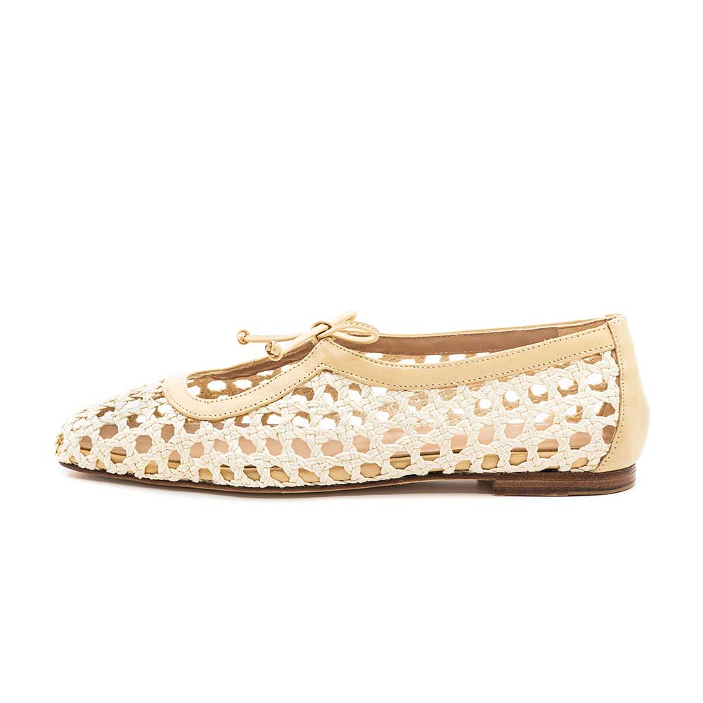 Elegant Beige Raffia Square Toe Slip-On Ballet Flats with Strappy