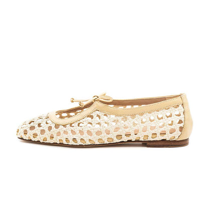 Elegant Beige Raffia Square Toe Slip-On Ballet Flats with Strappy