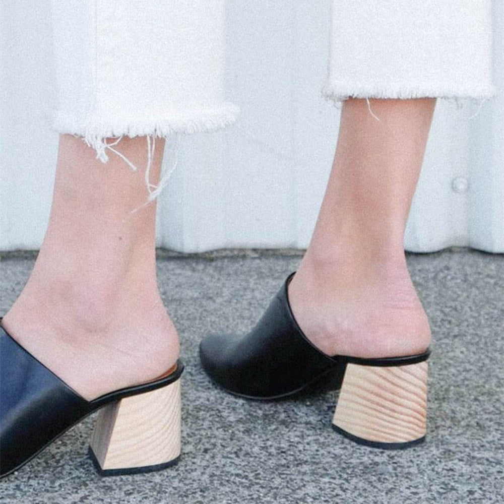 Women's Black Block Heel Pointed Toe Mules Shoes